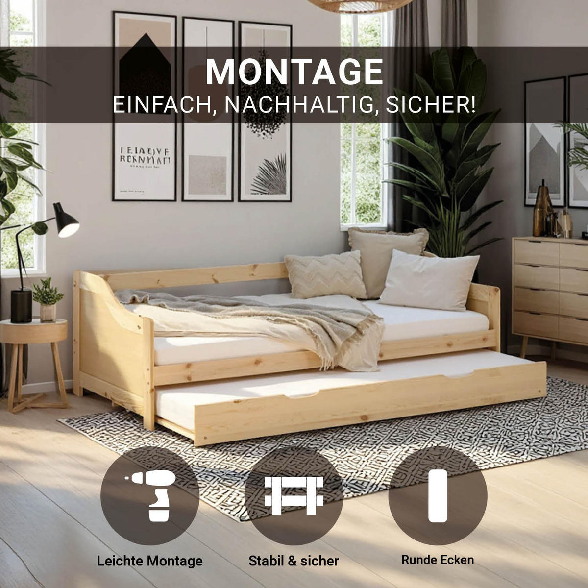 AUSZIEHBETT mit Matratze 90/200 cm Natur - Naturfarben, Holz (90/200cm) - Homestyle4u