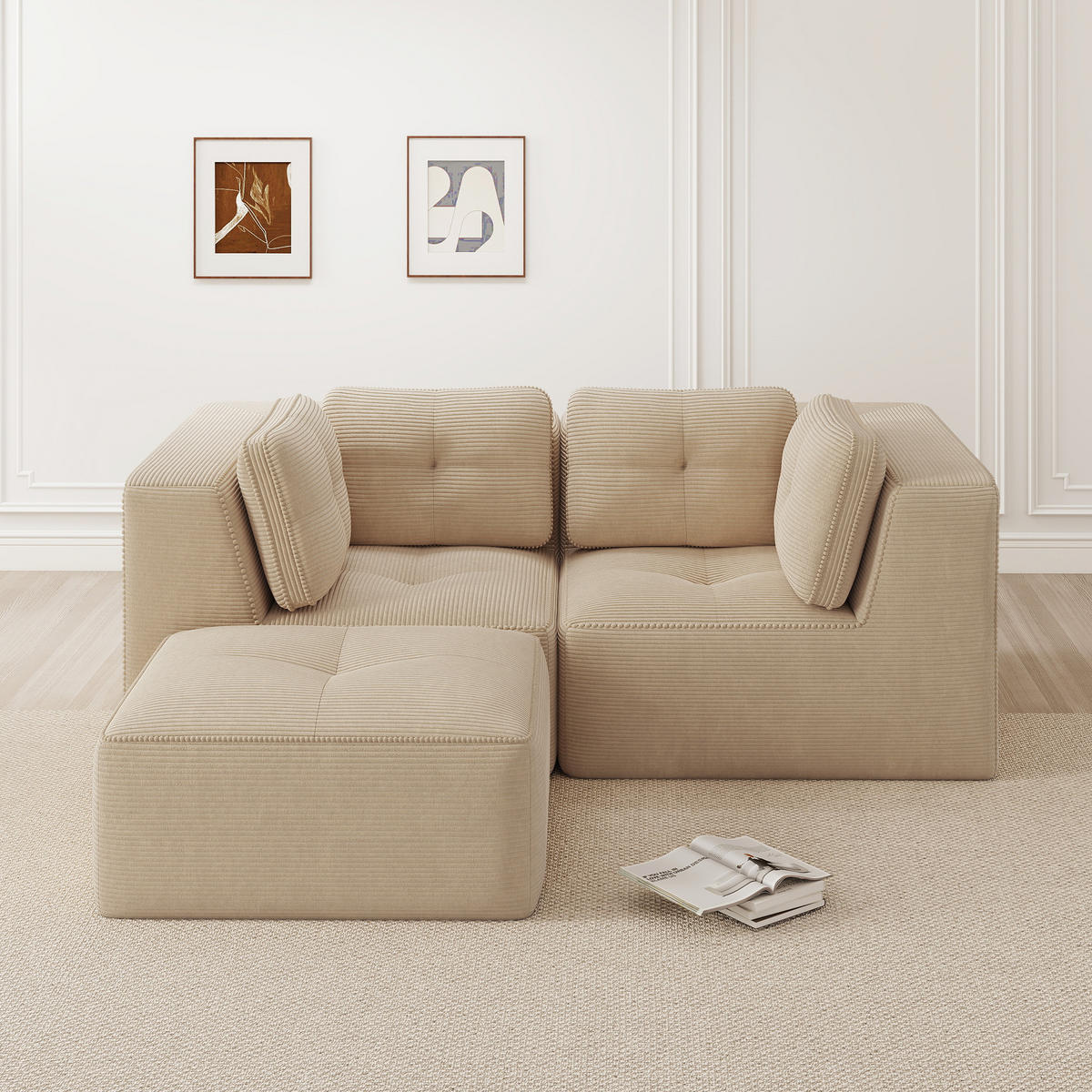 ECKSOFA Cord Beige Modular mit Kissen und Hocker - Beige, Textil (208/177cm) - WISHDOR