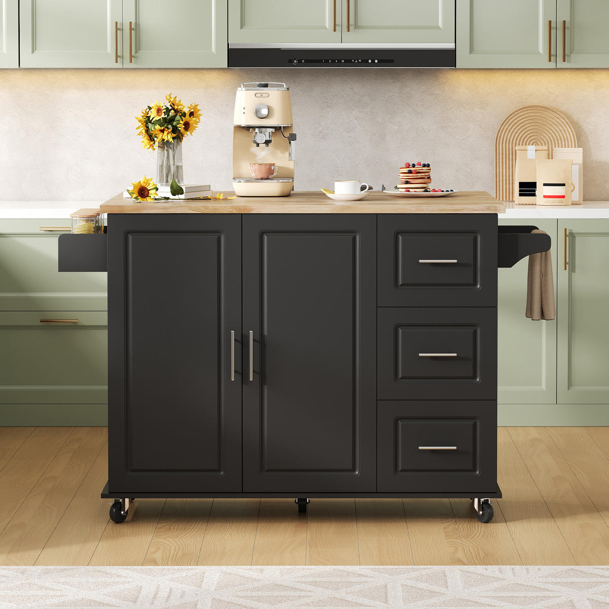 KÜCHENINSEL 137x76x92cm Schwarz mit Klappplatte, Schrank, 3 Schubladen & Rollen - Schwarz, Holzwerkstoff (137/92/76cm) - Modfu