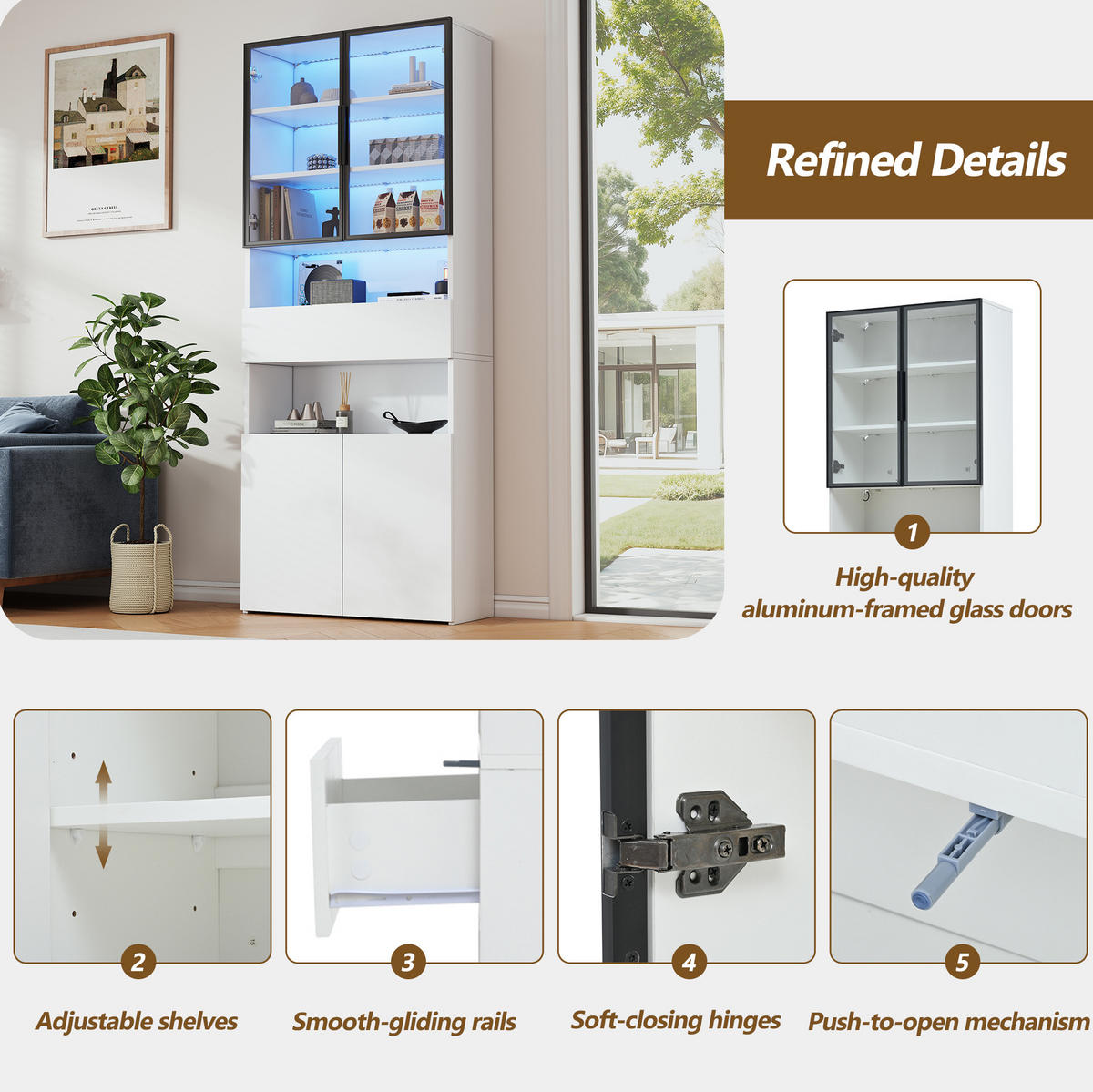 VITRINE 70/30/200 cm aus Spanplatte mit LED-Beleuchtung und Glastüren Weiß - Weiß, Holzwerkstoff (70/200/30cm) - Modenvie