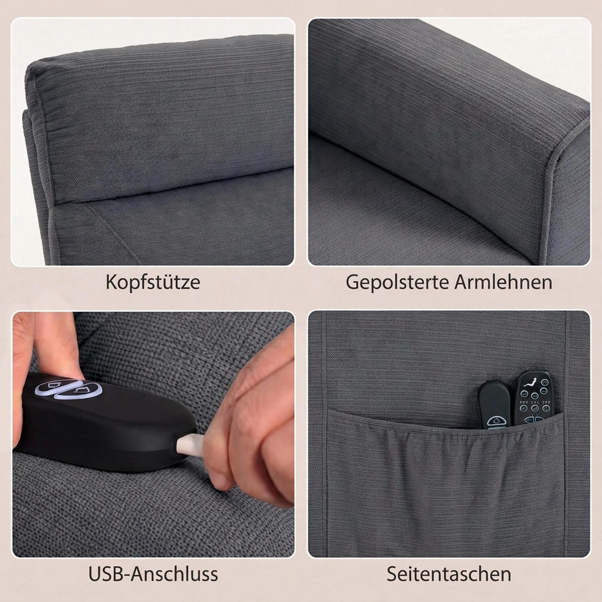 RELAXSESSEL mit Aufstehhilfe Polyester Dunkelgrau - Greige/Dunkelgrau, Textil/Metall (83/106/93cm) - HOMCOM