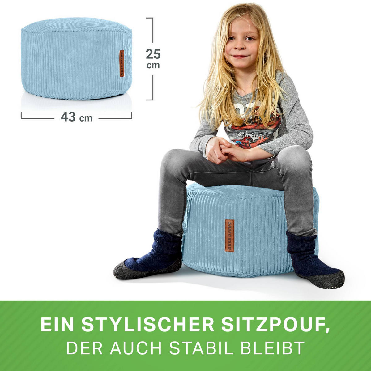SITZSACK-HOCKER Pouf "Cord" 45x25cm - Hellblau, Textil (45/25/45cm) - Green Bean