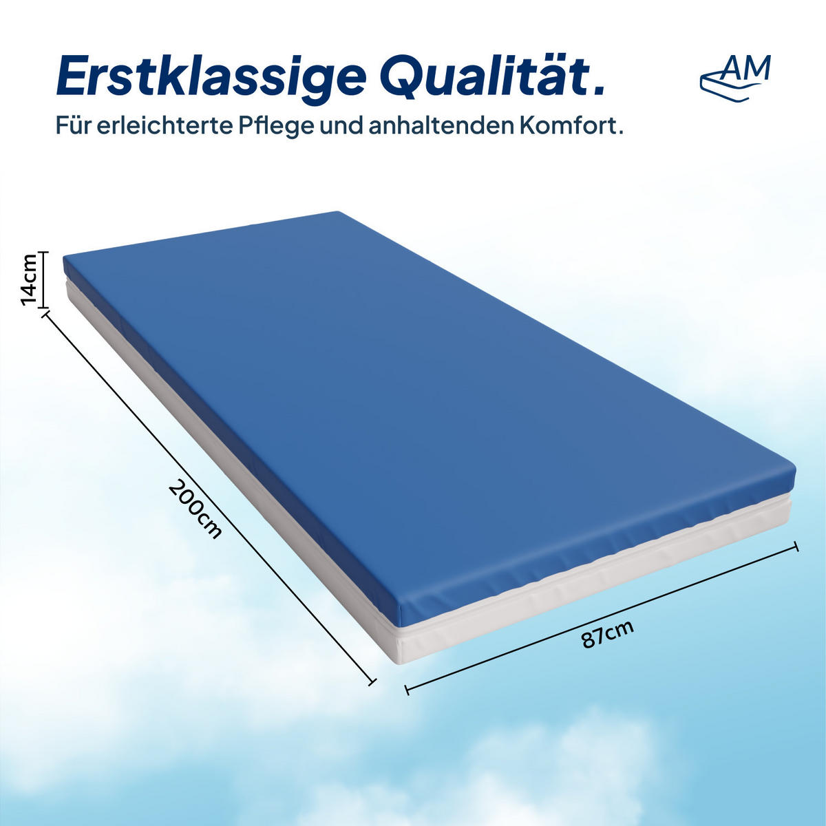 MATRACE pro prevenci dekubitů, 87/200 cm - výška 14 cm a nepromokavý potah - modrá, textil (87/200cm) - AM Qualitätsmatratzen