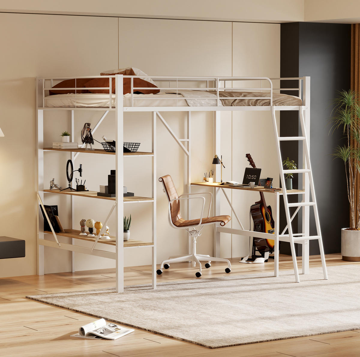 HOCHBETT 90/200 cm Weiß aus Metall und MDF mit Schreibtisch und 3 Ablagen - Weiß, Holzwerkstoff (90/200cm) - OKMYHOME