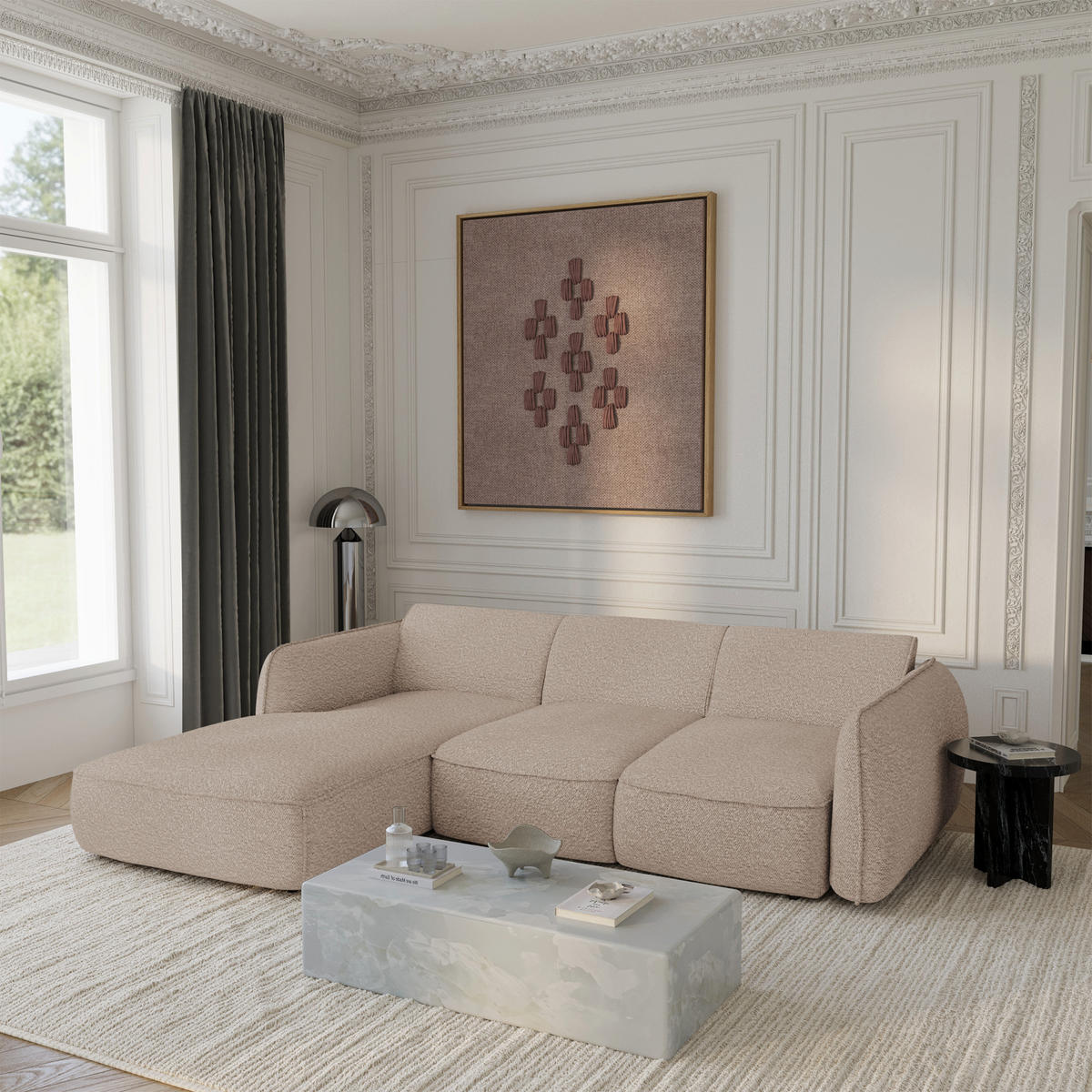 ECKSCHLAFSOFA Bouclé-Stoff 274cm - Beige, Textil (274/174cm) - Sia Home
