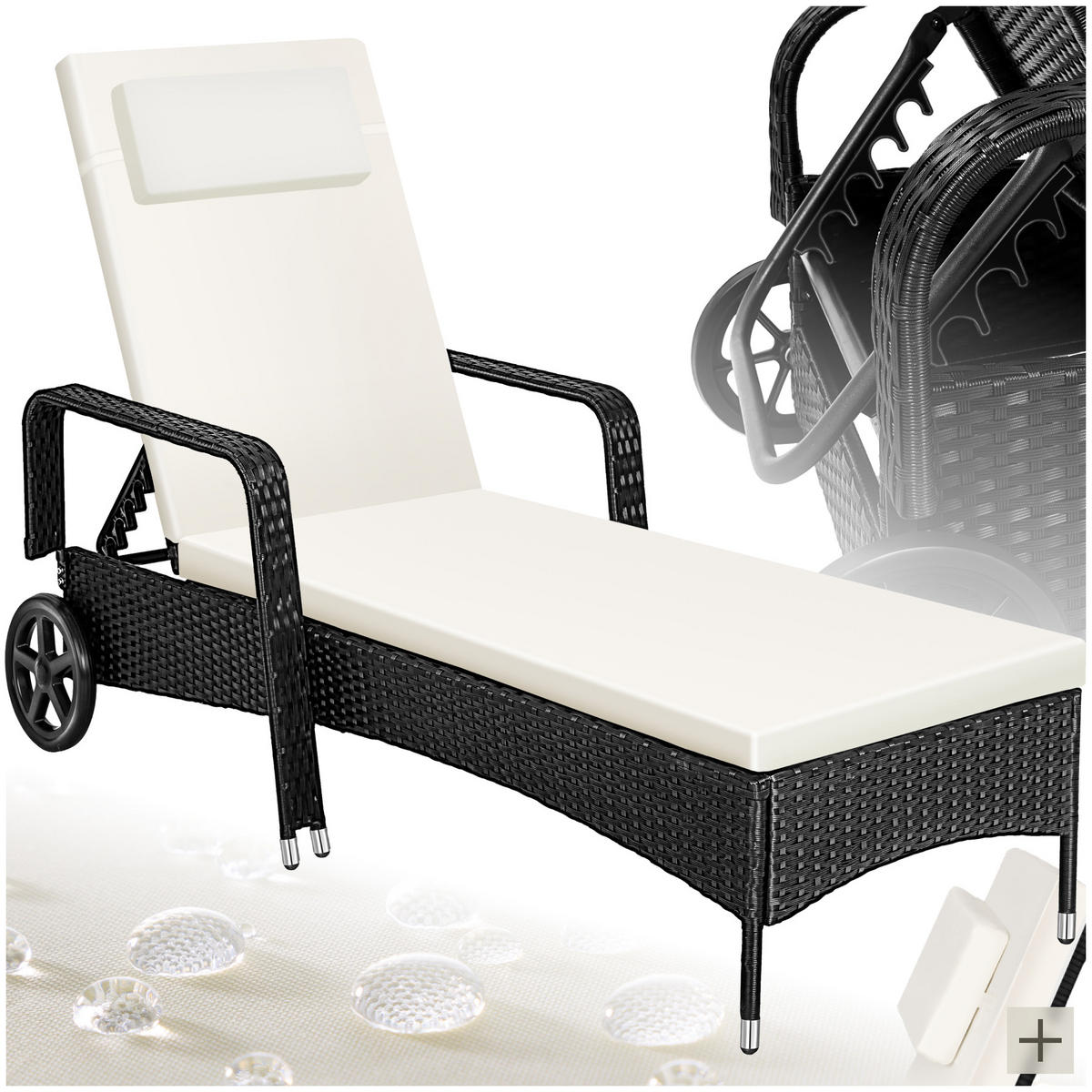 RATTAN-SONNENLIEGE ,200 x 70 x 33 cm,schwarz/beige - Beige/Schwarz, Kunststoff (70/33/200cm) - tectake