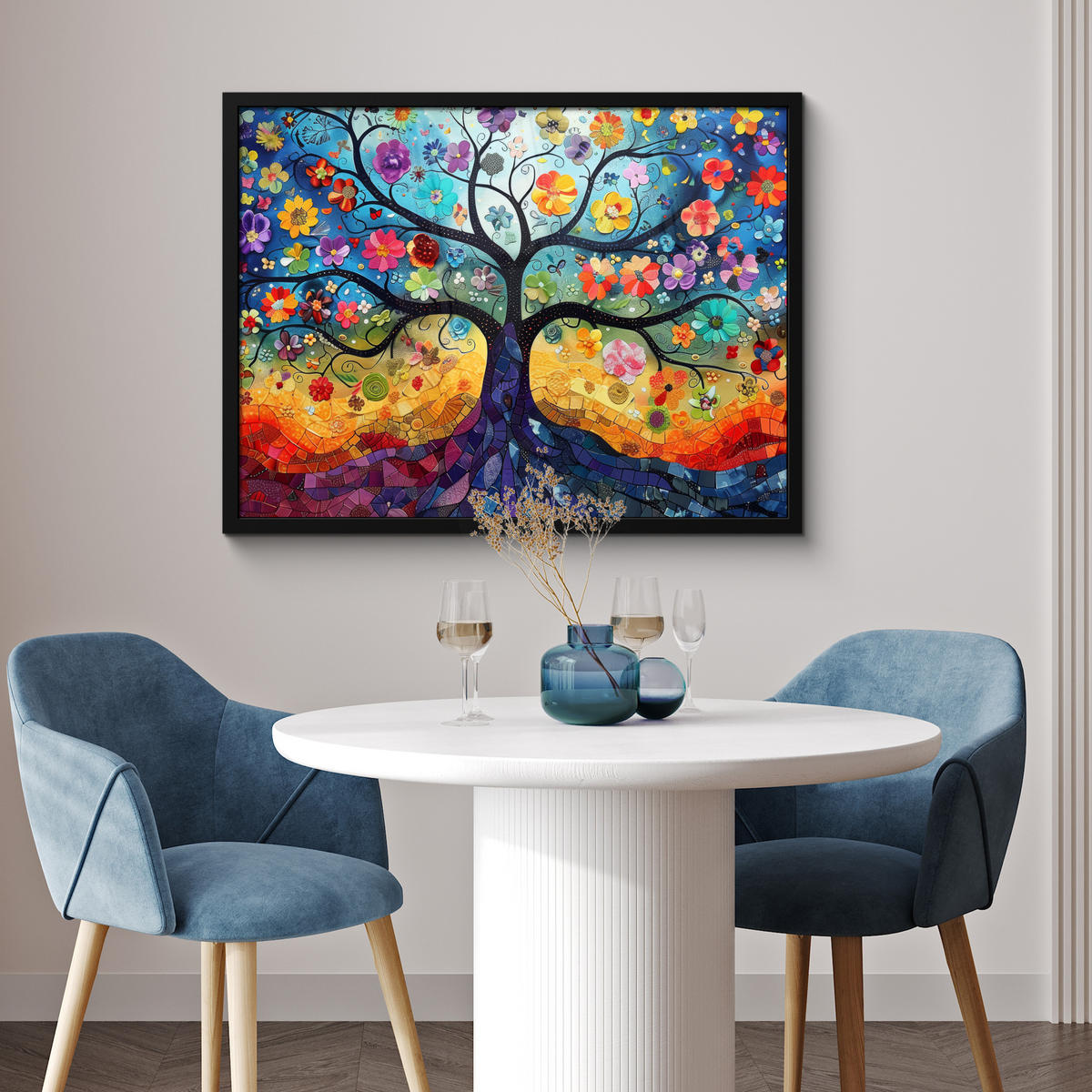 POSTER MIT RAHMEN Kunst - Baum des Lebens - Blumen - Hippie 80x60 cm - Dunkelblau, Papier (80/60cm) - MuchoWow