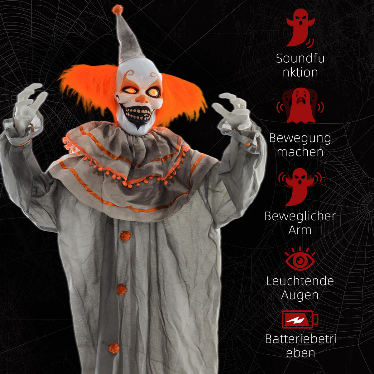 HALLOWEEN DECORATIONS Dekoration Clown, Soundfunktion, Orange+Grau, 183cm - Orange, Kunststoff/Metall (65/183/18cm) - HOMCOM
