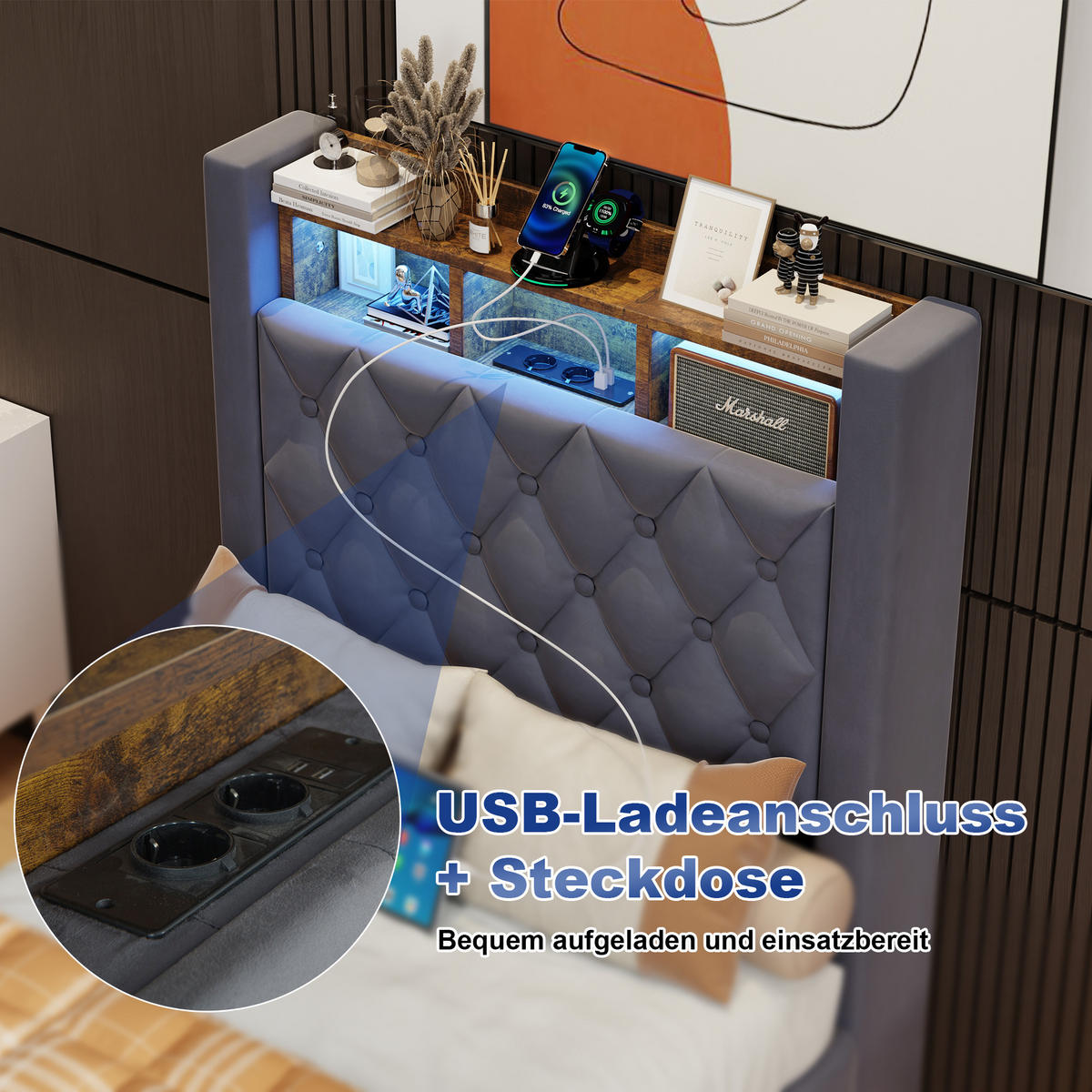 POLSTERBETT 90/190 cm Grau mit LED-Lichtleiste und USB-Anschlüssen - Grau, Holzwerkstoff (90/190cm) - OKWISH