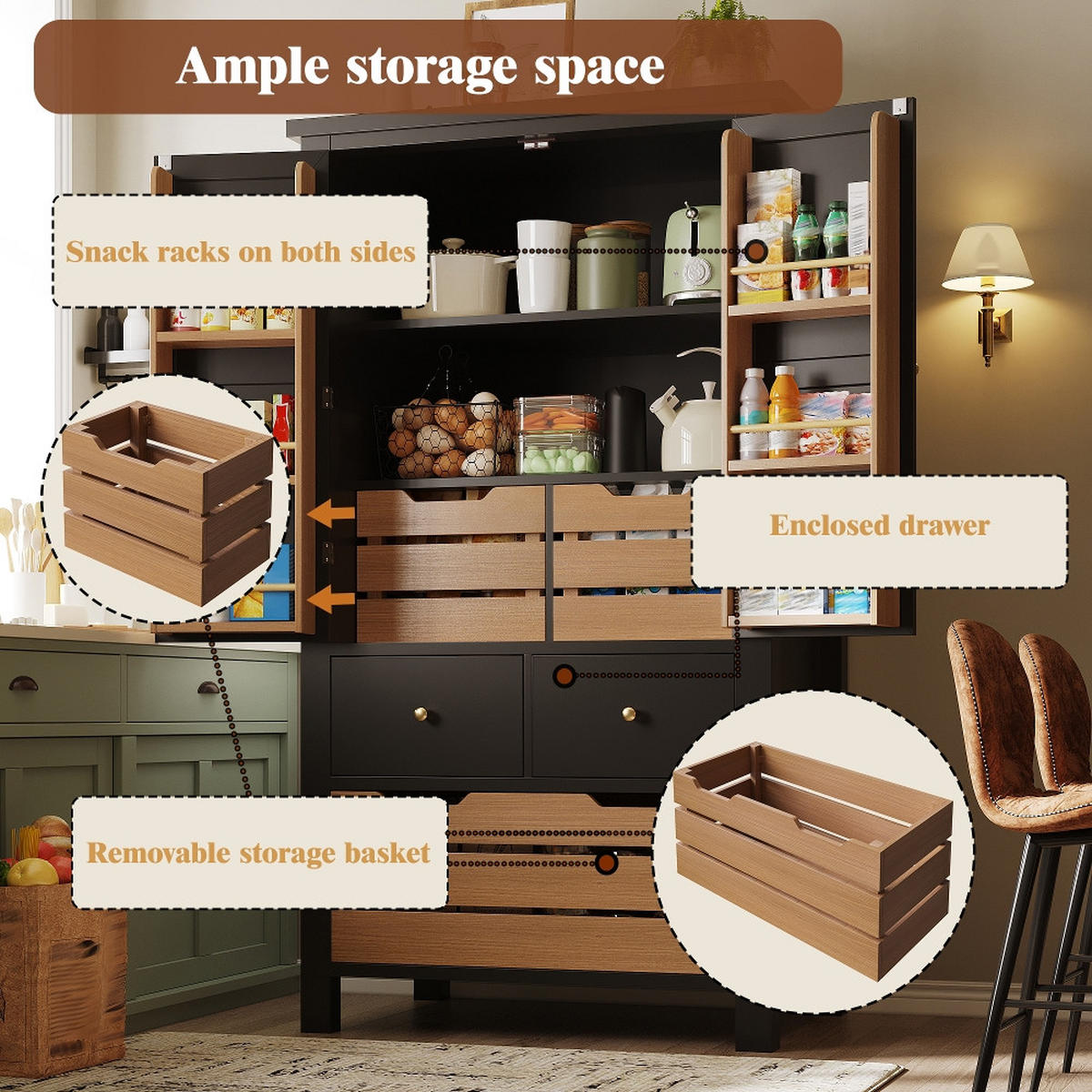 KÜCHENSCHRANK Küchenbuffet mit 5 Schubladen und 2 Türen, MDF/Metall, Schwarz-Weiß, für Esszimmer, 80/140/40 cm - Schwarz, Kunststoff (40/140/80cm) - Rolipo