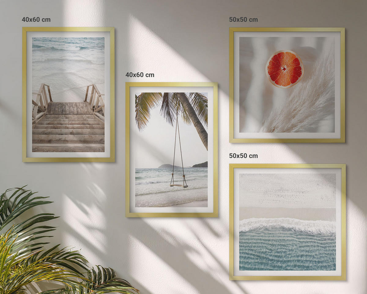 WANDBILDER 4er Set - 50x50 cm & 40x60 cm Goldrahmen - Strandatmosphäre dank hölzerner Treppen. - Goldfarben, Kunststoff (50/50cm) - ArtPrintCave