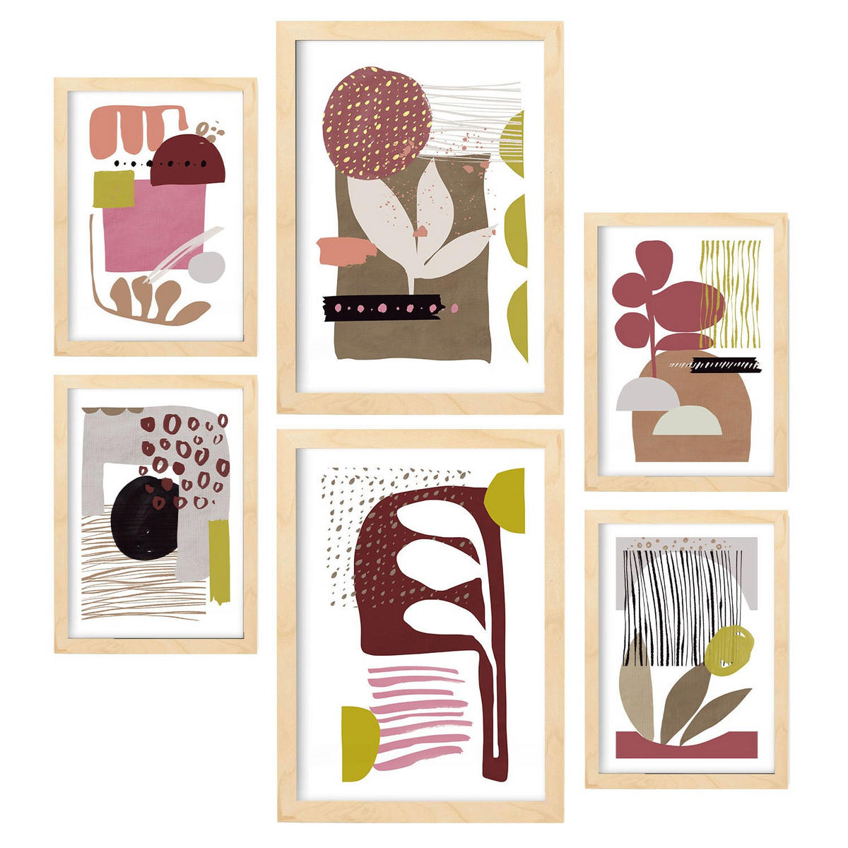 POSTER Set Mit 6 Eigenartige Form 2 In Blume Zusammenfassung A3 & A4 Rahmen Aus Hellem Holz - Beige, Papier (29/3cm) - Nacnic