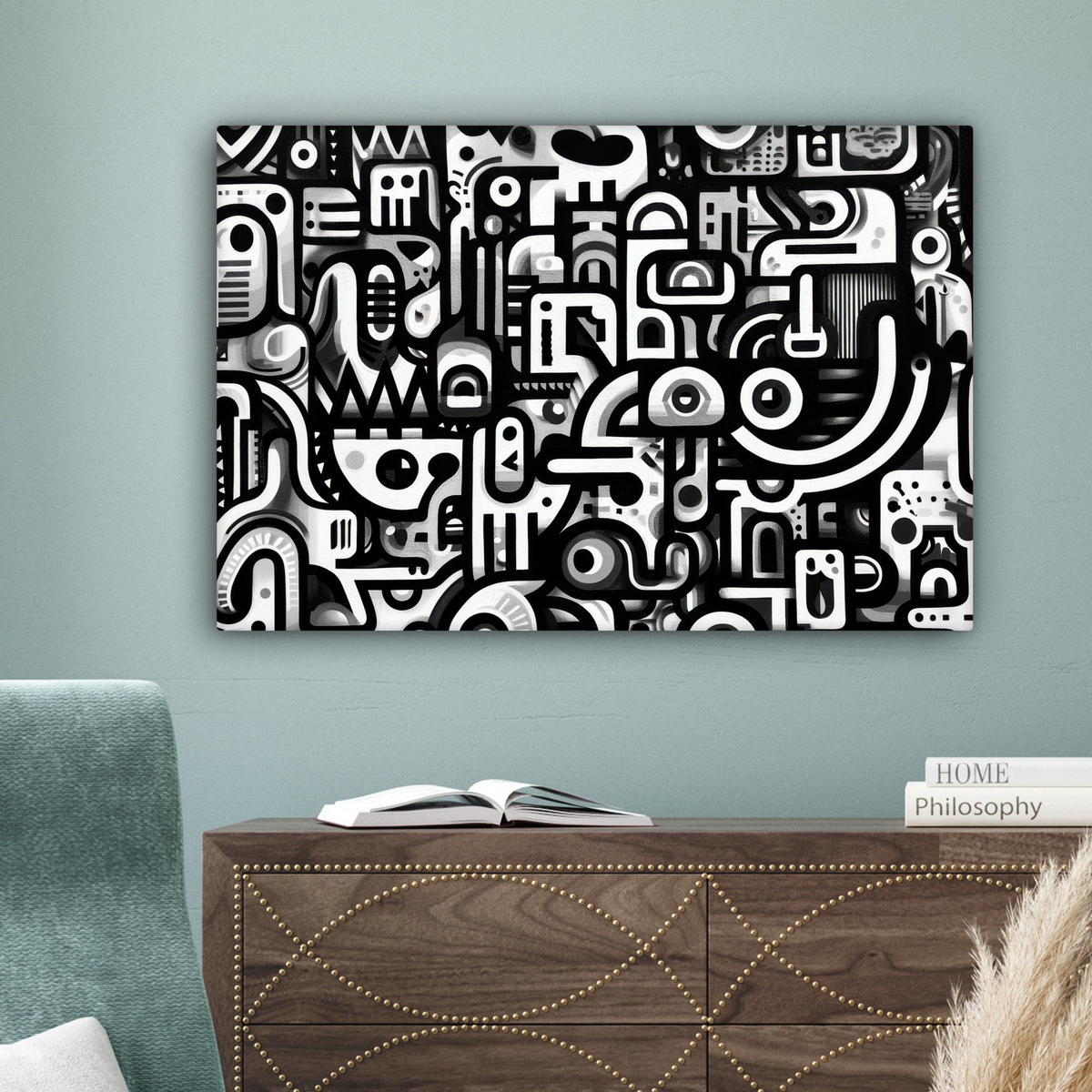 LEINWANDBILD Symbole - Abstrakt - Grafik - Schwarz Wanddeko 90x60 cm - Schwarz, Textil (90/60cm) - MuchoWow