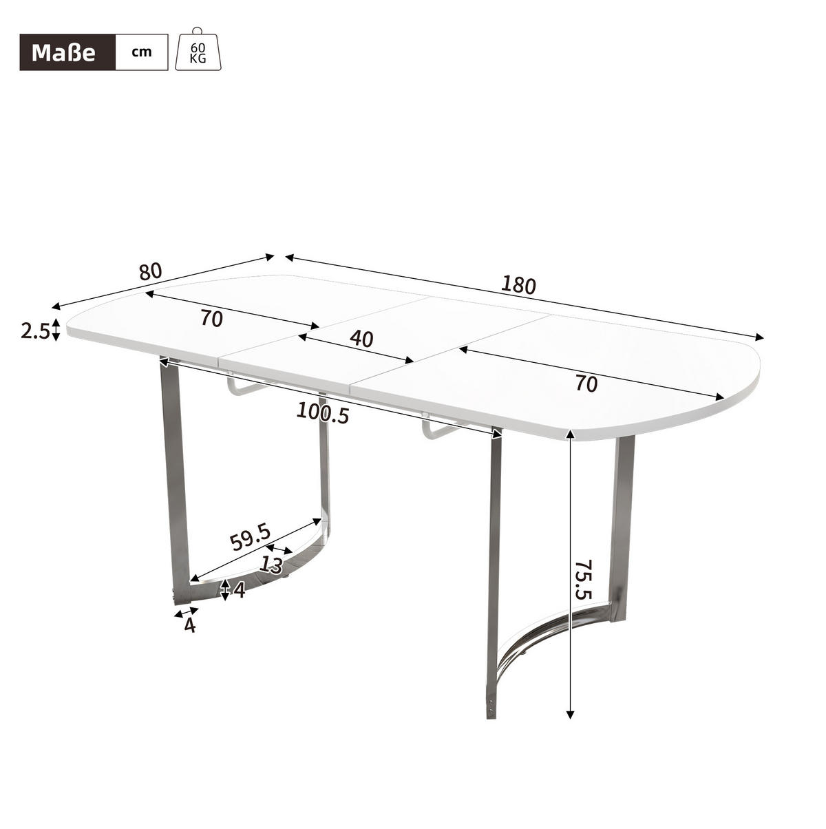 JEDILNA miza 140/180 x 80 cm raztegljiva, klasičen dizajn, srebrne kovinske noge, Bela - bela, leseni material (180/80/75.5cm) - Redom