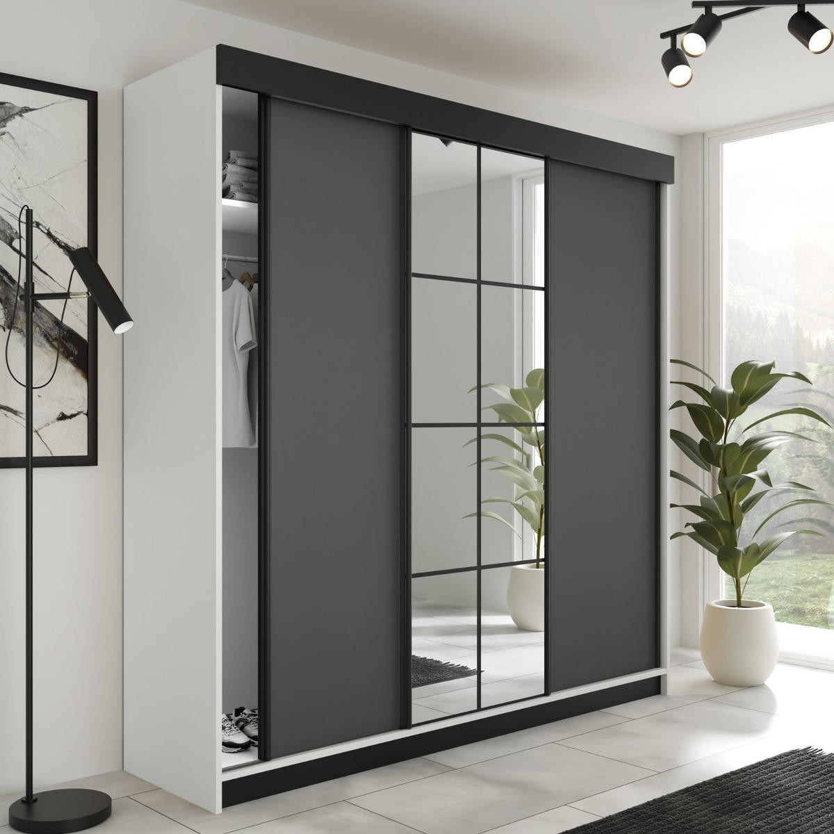 SCHIEBETÜRENSCHRANK LAMARO - 200x205x59cm - Weiß & Graphit - Graphitfarben/Weiß, Holzwerkstoff (200/205/59cm) - Kier Furniture