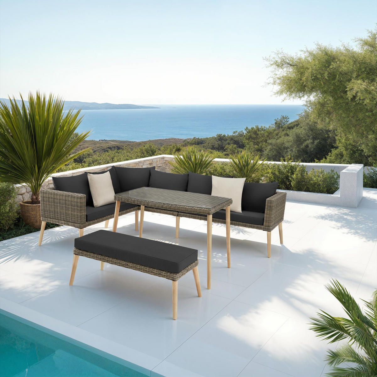RATTANLOUNGE Pula,mit Sicherheitsglasplatte,natur - Naturfarben, Kunststoff/Metall - tectake