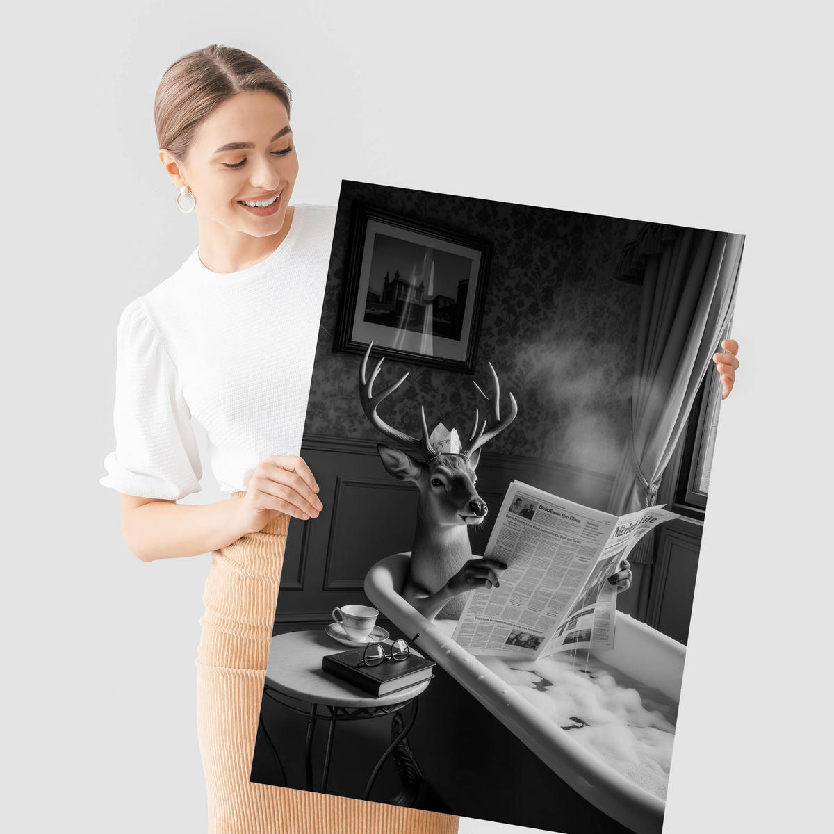 POSTER für Badezimmer WC Rehe HIRSCH in Badewanne Zeitung Abstraktion 30x40cm - Schwarz/Weiß, Papier (30/40/1cm) - Muralo