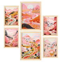 POSTER Set Mit 6 Rosa Karikatur Tal A3 & A4 Rahmen Aus Hellem Holz - Beige, Papier (29/3cm) - Nacnic