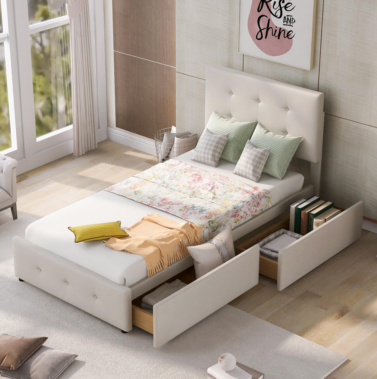 POLSTERBETT 90/200 cm beige aus Samt mit Schublade und Lattenrost - Beige, Textil (90/200cm) - OKWISH