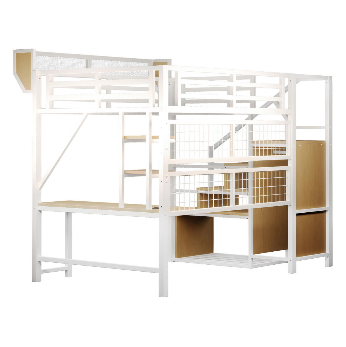 HOCHBETT 140/200 cm Weiß aus Metall mit Schreibtisch und LED - Weiß, Metall (140/200cm) - MIVRAY