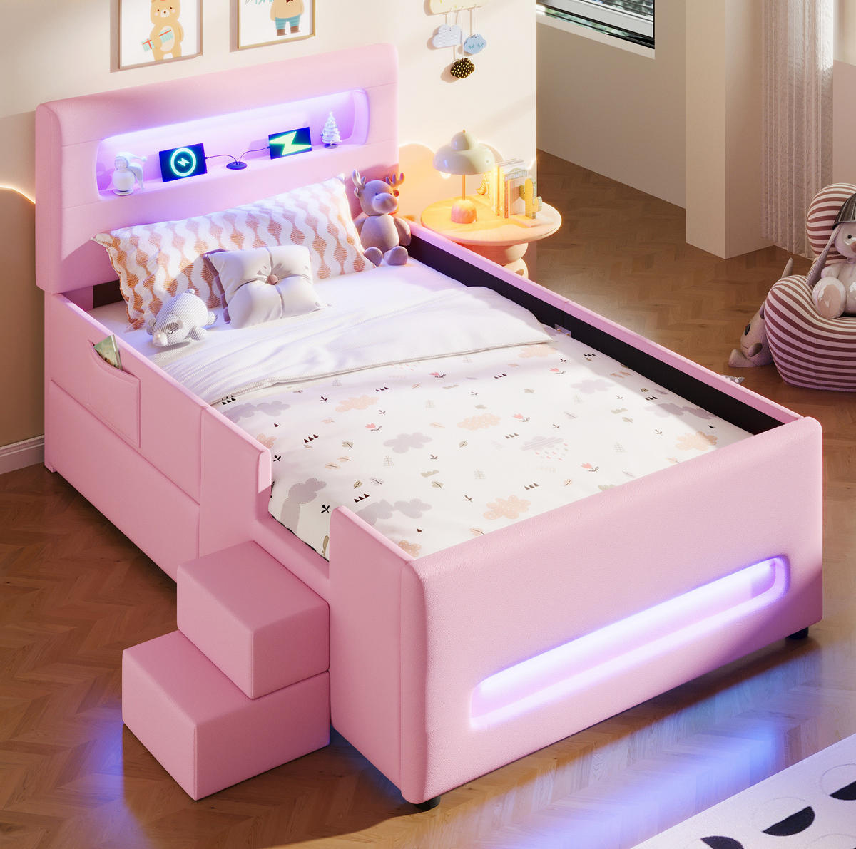 BETT mit Schublade und LED 90x200 cm PU Rosa - Pink, Holzwerkstoff (90/200cm) - Beauniv