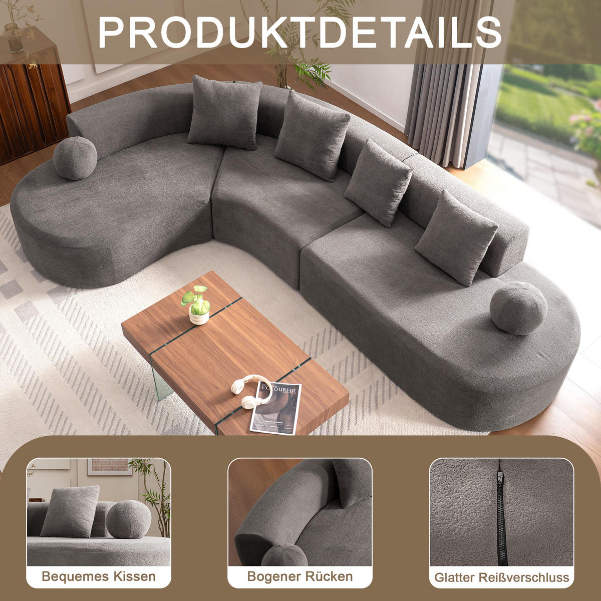 5-SITZER ECKSOFA Chenille Grau mit Kissen - Grau, Textil (327/215cm) - WISHDOR