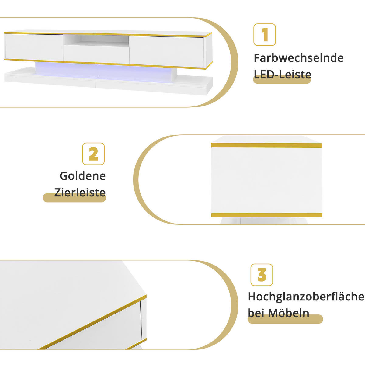 LOWBOARD 180/38/45 cm aus Holzwerkstoff mit Hochglanzfront und LED-Beleuchtung Weiß/Gold - Weiß, Holzwerkstoff (180/45/38cm) - Modenvie
