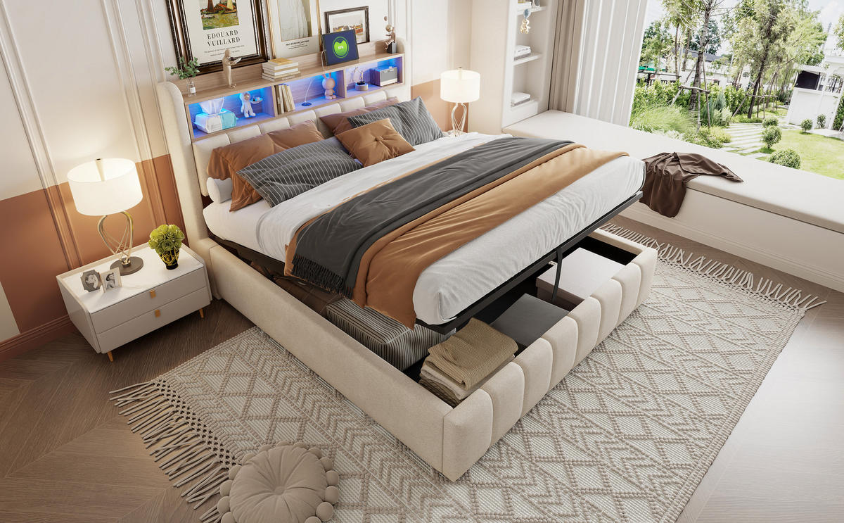 POLSTERBETT 180x200 cm LED USB Stauraum beige - Beige, Textil (180/200cm) - Fortuna Lai