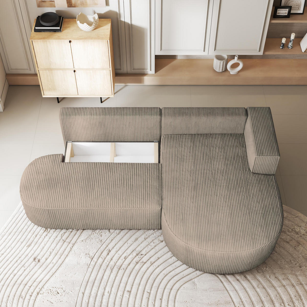 ECKSOFA CORTIO P R-S Beige Kordstoff mit Schlaffunktion - Beige, Holz (265/174cm) - MASSENO