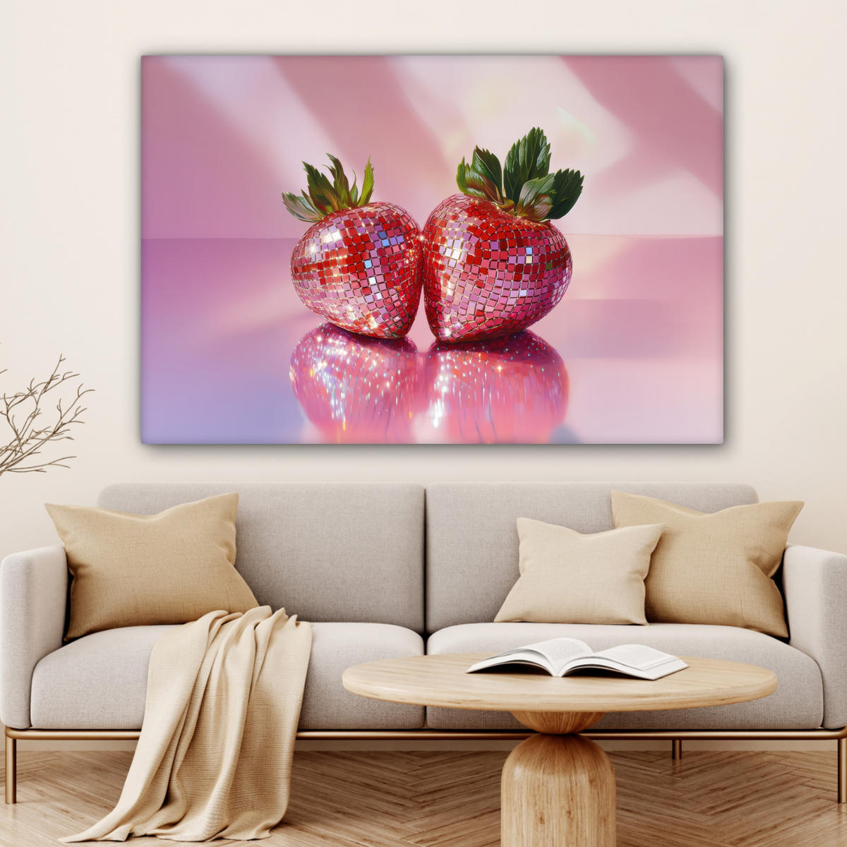 LEINWANDBILD Disco - Obst - Glitzer - Erdbeere Groß 140x90 cm - Pink, Textil (140/90cm) - MuchoWow