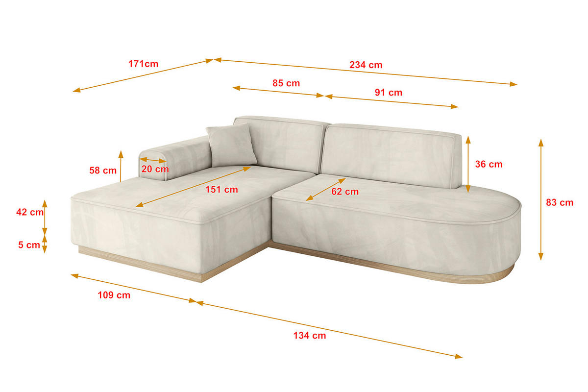 ECKSOFA Ottomane Links IREA-L1 - 234x171x83 cm Dunkelgrau - Ecru, Holzwerkstoff/Textil (234/171cm) - ALTDECOR