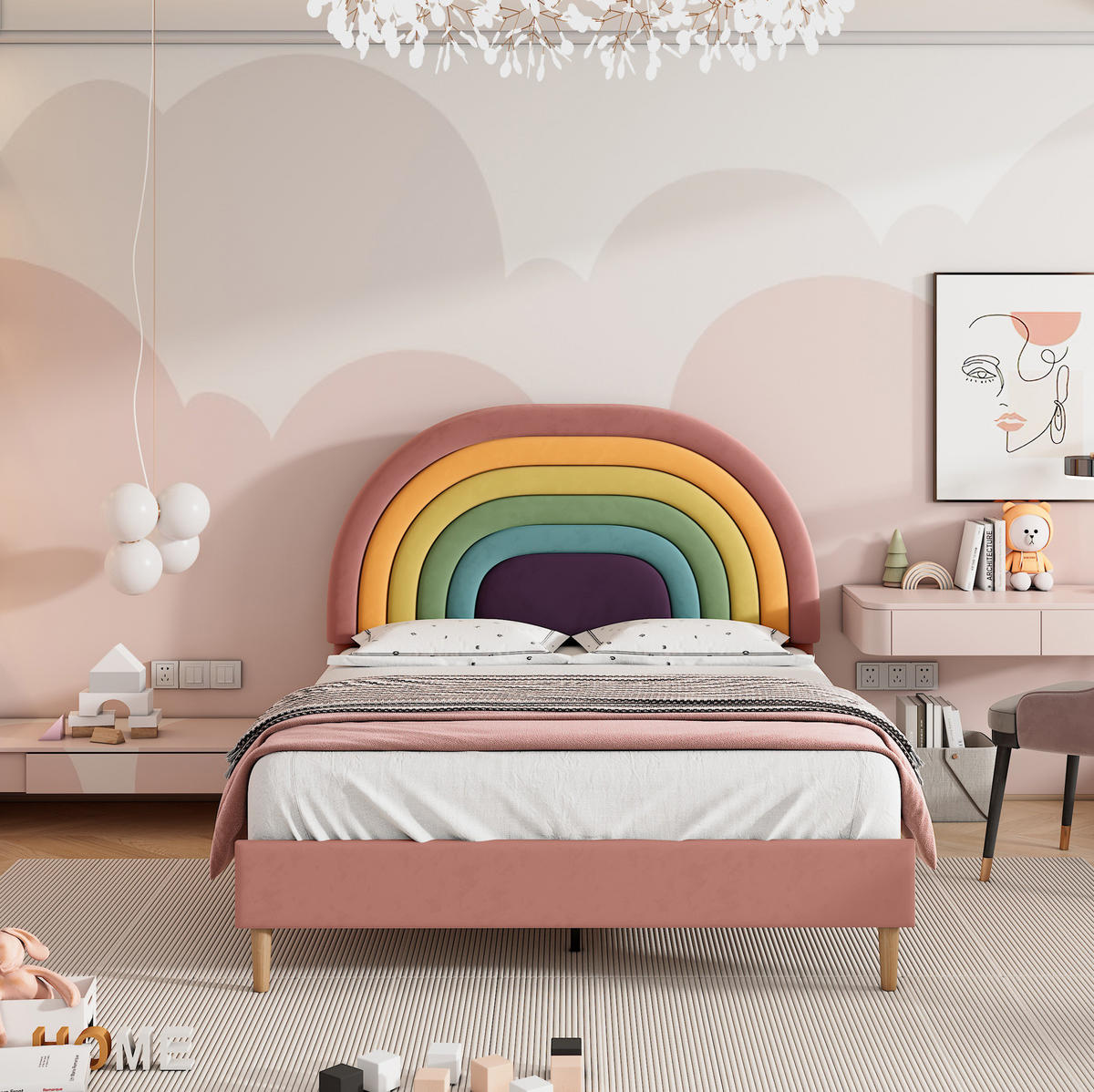 POLSTERBETT 140/200 cm aus Samt mit höhenverstellbarem Kopfteil und Lattenrost Rosa - Rosa, Textil (140/200cm) - Modenvie