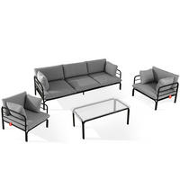GARTENMÖBELSET RAMBE 4-tlg. 1x Tisch 2x Sessel 1x Sofa 3-Sitzer, mit Auflage, Stahlrahmen, LOFT-STIL, Anthrazit - Anthrazit/Schwarz, Glas/Textil - KONSIMO®