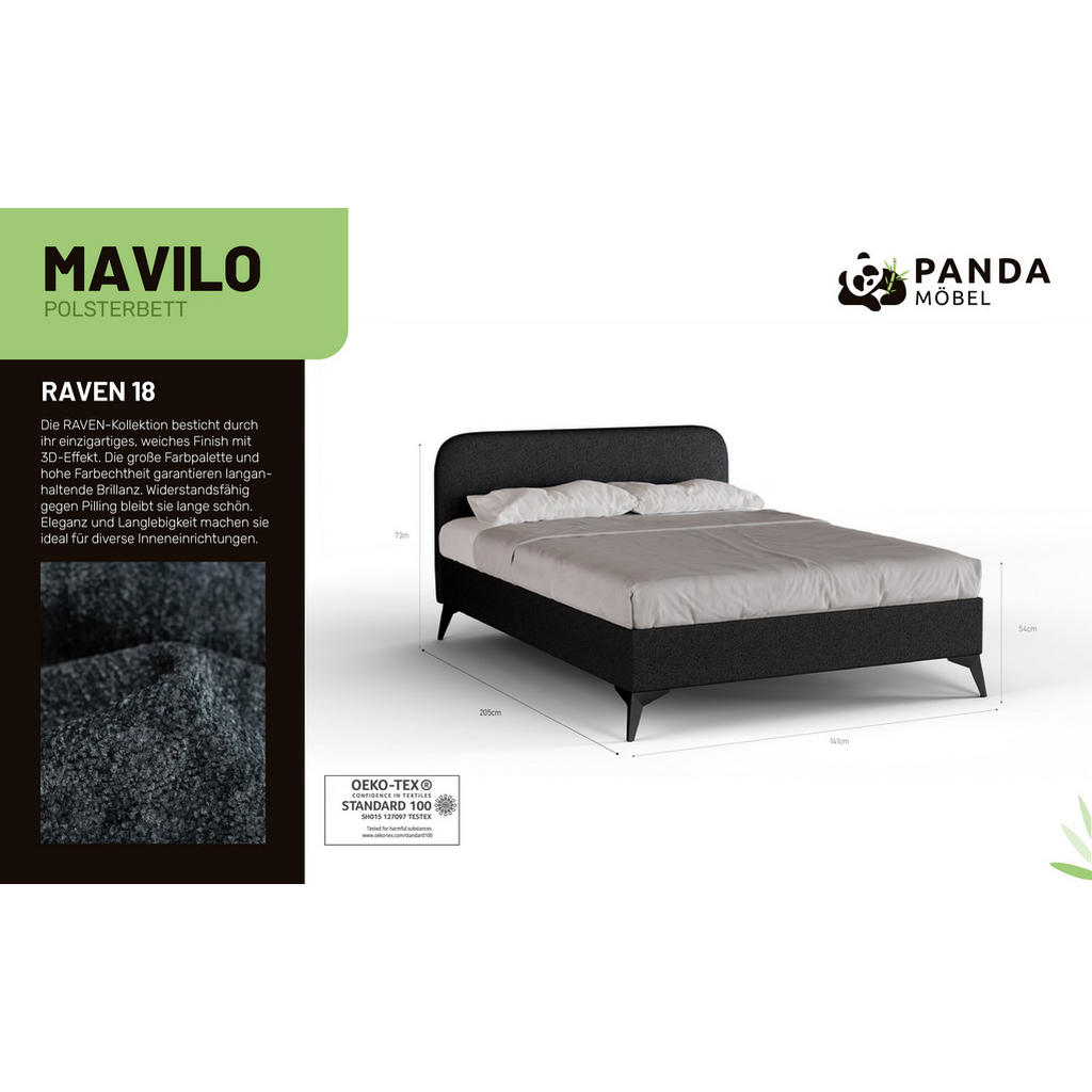 Thumbnail - Panda Möbel Polsterbett, Schwarz, Holz, Mode, 140x200 cm, Oeko-Tex® Standard 100, Schlafzimmer, Betten, Polsterbetten