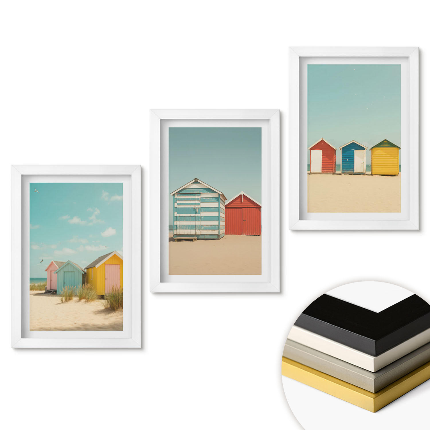 WANDBILDER 3er-Set - 20x30 cm Weißer Rahmen - Bunte Häuser, Strand, Sonne - Weiß, Kunststoff (20/30cm) - ArtPrintCave