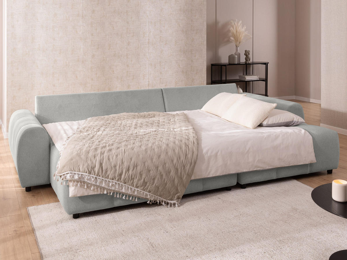 ECKSOFA inkl. Hocker Bubble mit Schlaffunktion und losen Rückenkissen, Sitzfläche Bubble-Optik aus weichem Hellegrau Strukturstoff - Ottomane Rechts - Hellgrau/Schwarz, Holz/Kunststoff (306/180cm) - S-Style Möbel