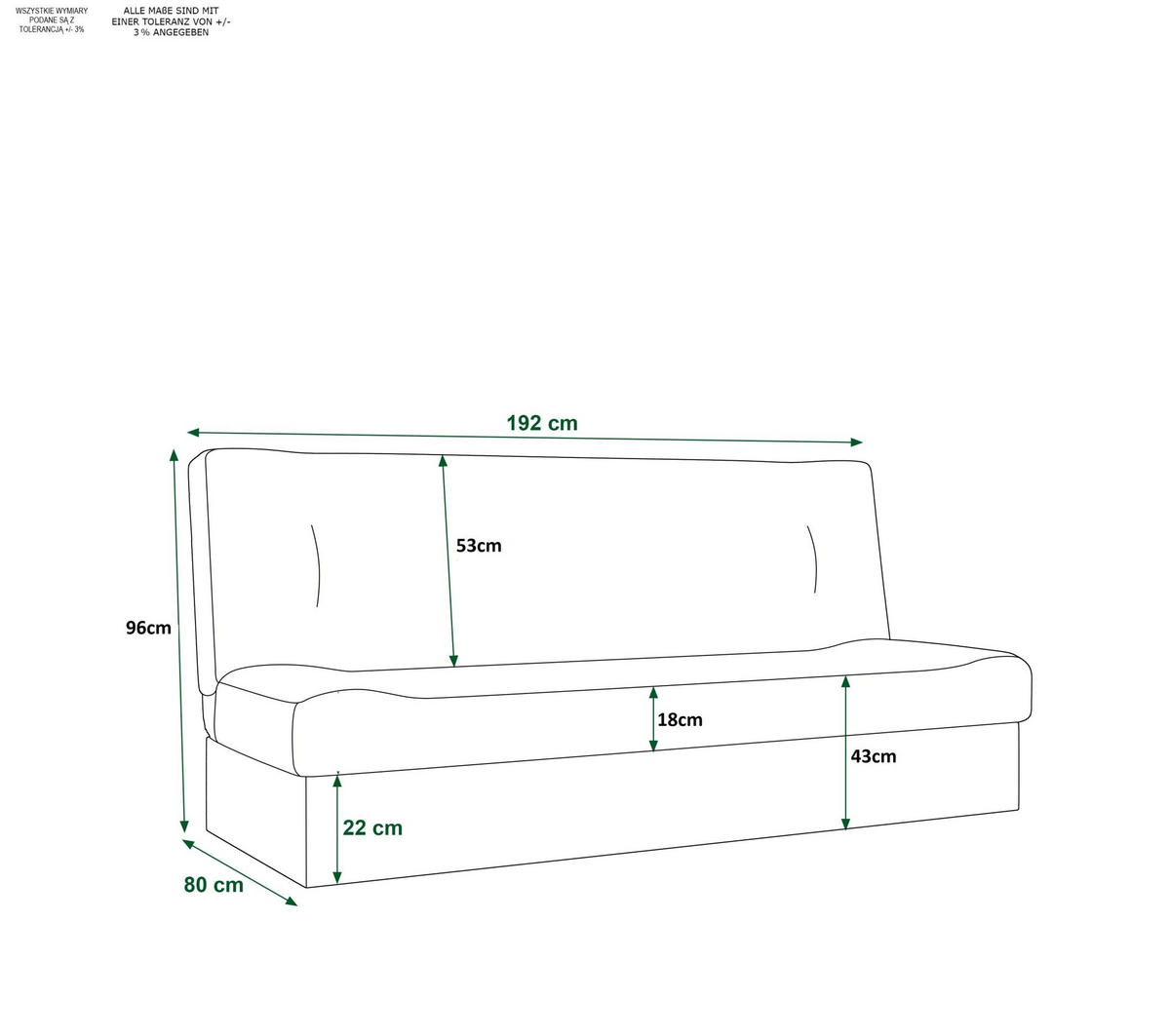 SOFA POLO mit Schlaffunktion SAWANA 14+35 mit Stauraum - Grün, Textil (80/96/192cm) - Bedante