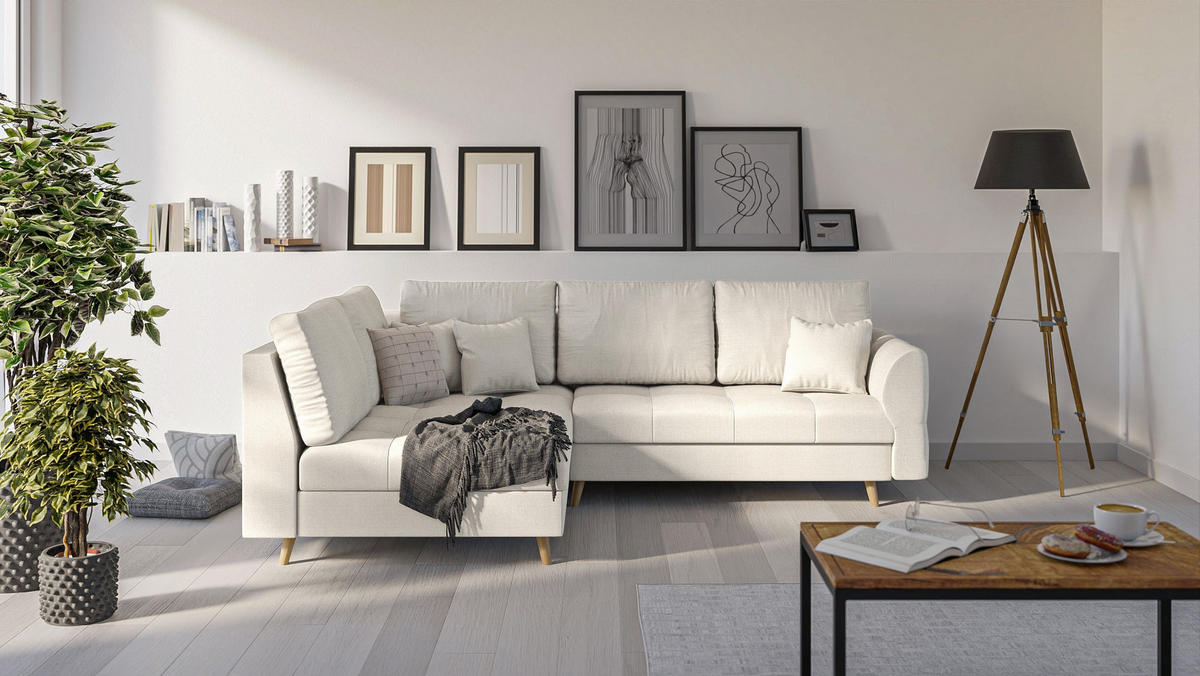 ECKSOFA MIT HOCKER Lorine Mikrofaser Ecru - Ecru/Hellbraun, Buchenholz/Textil (231/161cm) - S-Style Möbel