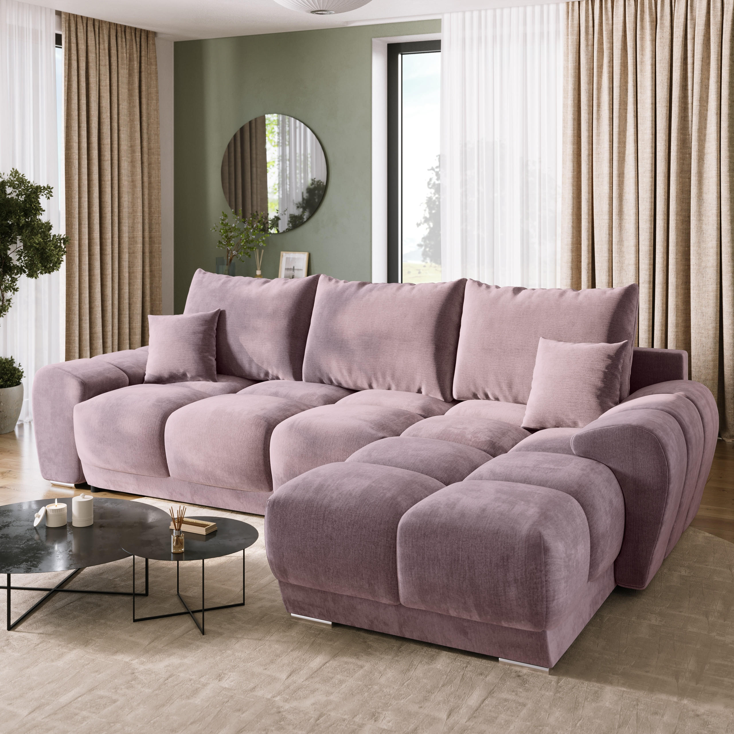 ECKSOFA Nubes mit Schlaffunktion Puderrosa Plüsch - Silberfarben/Rosa, Kunststoff/Textil (290/180cm) - Bromarkt