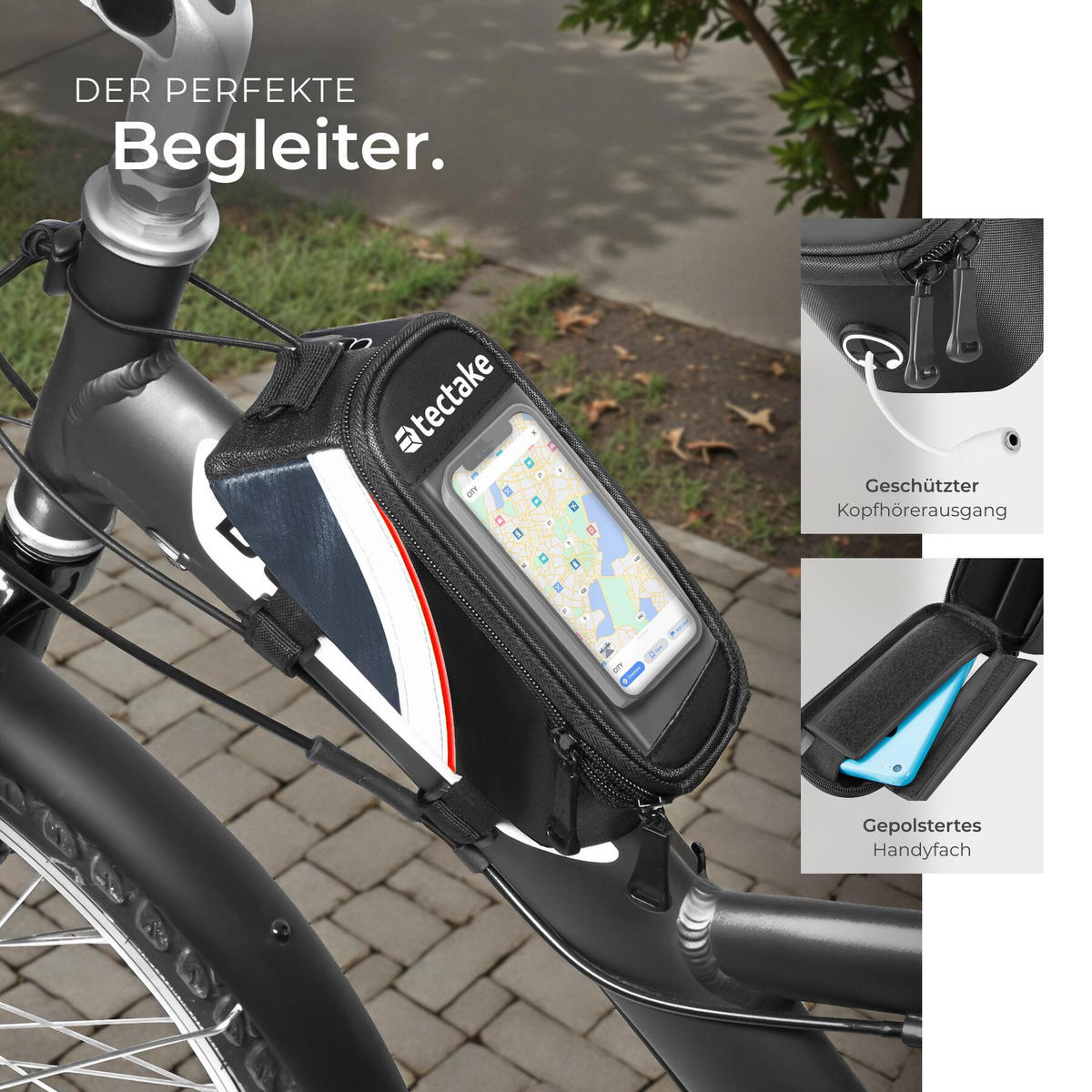 FAHRRADTASCHE Georg mit Fahrradrahmentasche, wasserabweisend und robust, schwarz/rot - Rot/Schwarz, Textil (9.5/10/20cm) - tectake