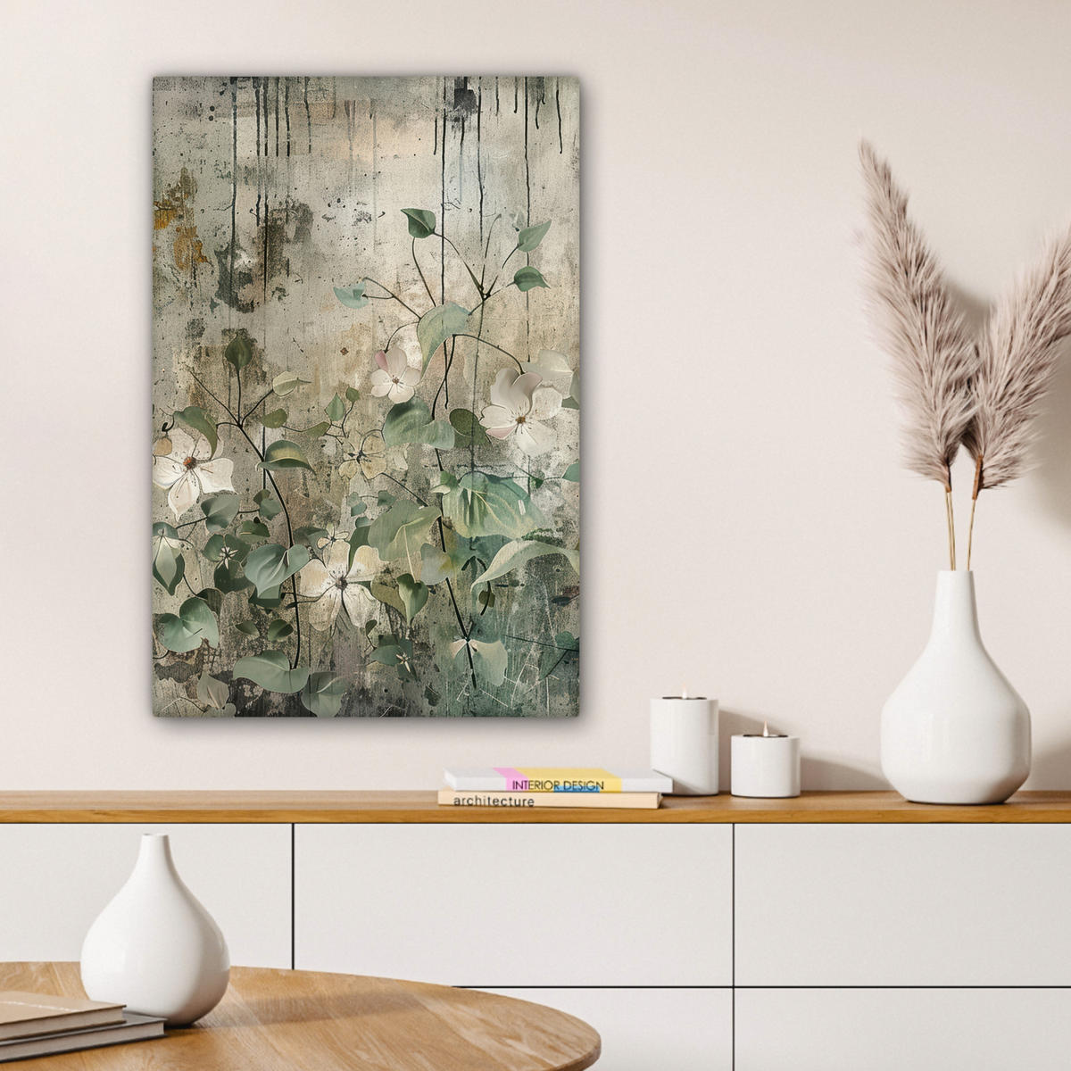 LEINWANDBILD - Blumen - Blätter - Abstrakt - Modern - 60x90 - Kunstdruck - Grau, Textil (60/90cm) - MuchoWow