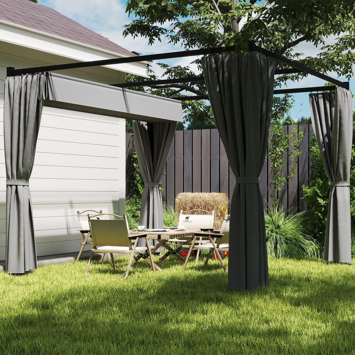 PERGOLA 3 x 3 m Freistehend Terrassenüberdachung mit Schiebedach, 4 Seitenwände UV-beständig Hellgrau - Hellgrau, Kunststoff (300/227/300cm)