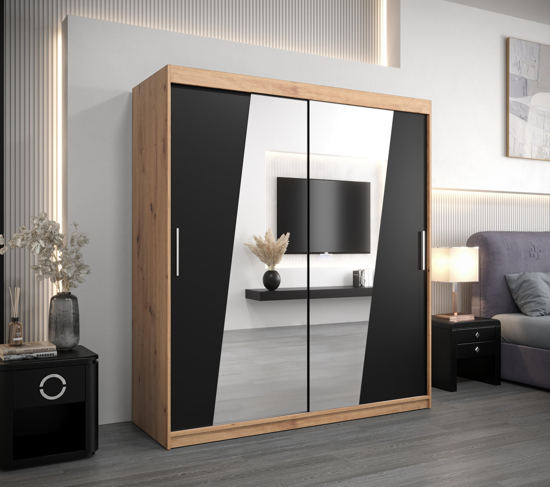 SCHWEBETÜRENSCHRANK 200/180/62 2-türig - Silberfarben/Schwarz, Holz/Kunststoff (180/200/62cm) - Abiks Möbel