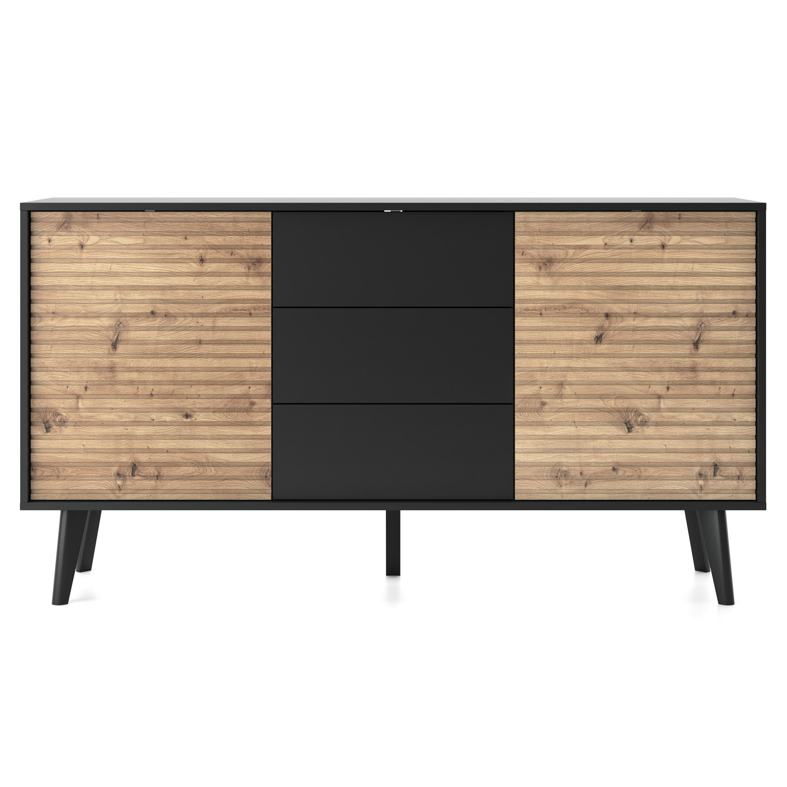 SIDEBOARD Saskatoon KSZ154 – Schwarz, Artisan-Eiche, Zweitürige - Schwarz/Eiche Artisan, Glas/Holzwerkstoff (154/83/39cm) - Komodee
