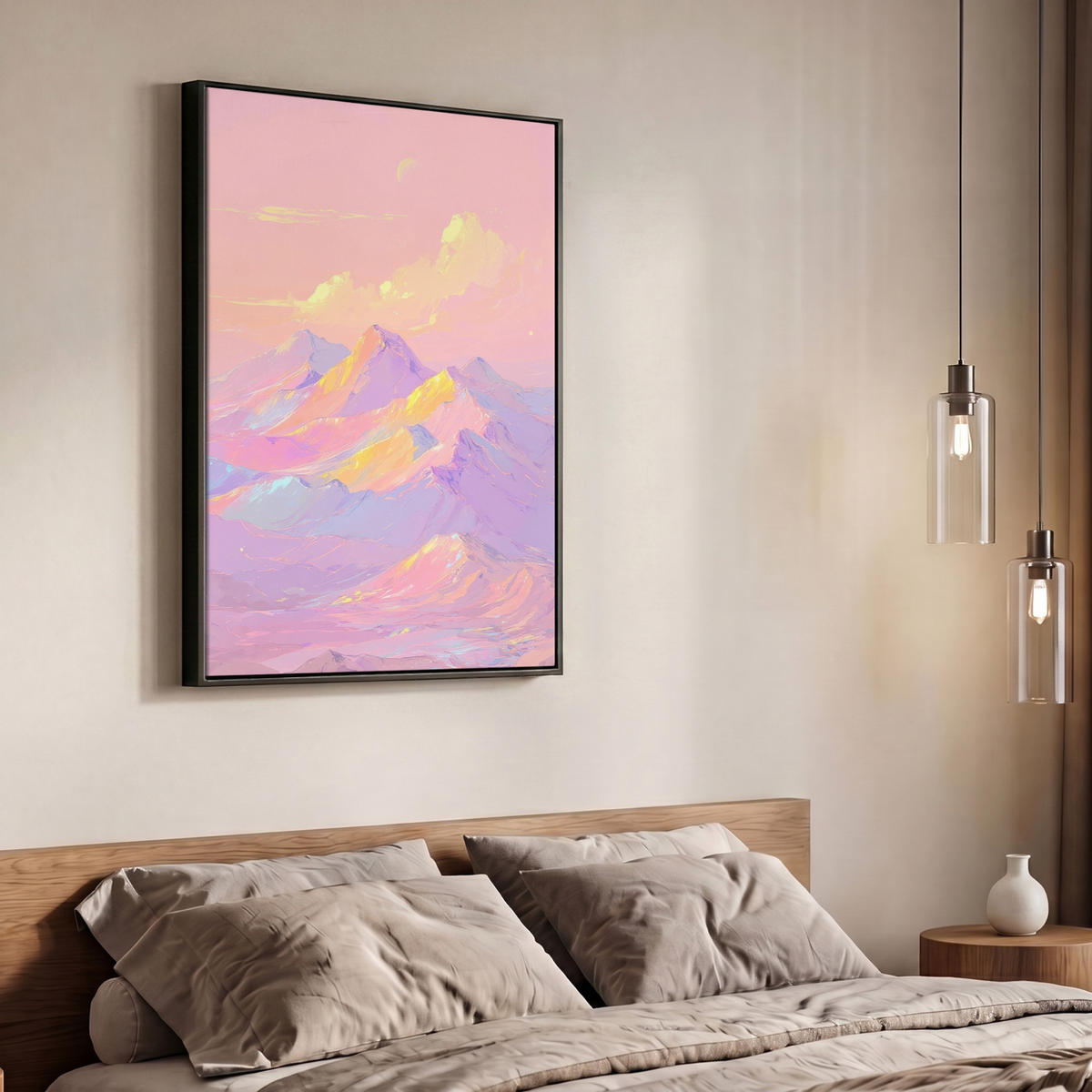 LEINWAND Bilder mit Rahmen - Berggipfel - Wolken - Verträumt - 70x100 - Hellrosa, Textil (70/100cm) - MuchoWow