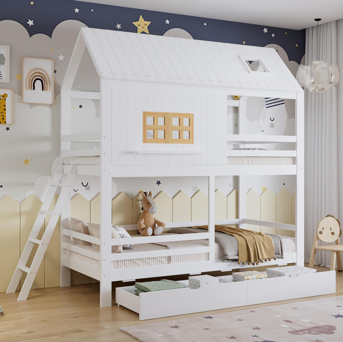 ETAGENBETT 90/200 cm aus Kiefer und MDF mit Dach, Fenstern, Leiter und 2 Schubladen, Weiß/Natur - Weiß, Holz (90/200cm) - Redom