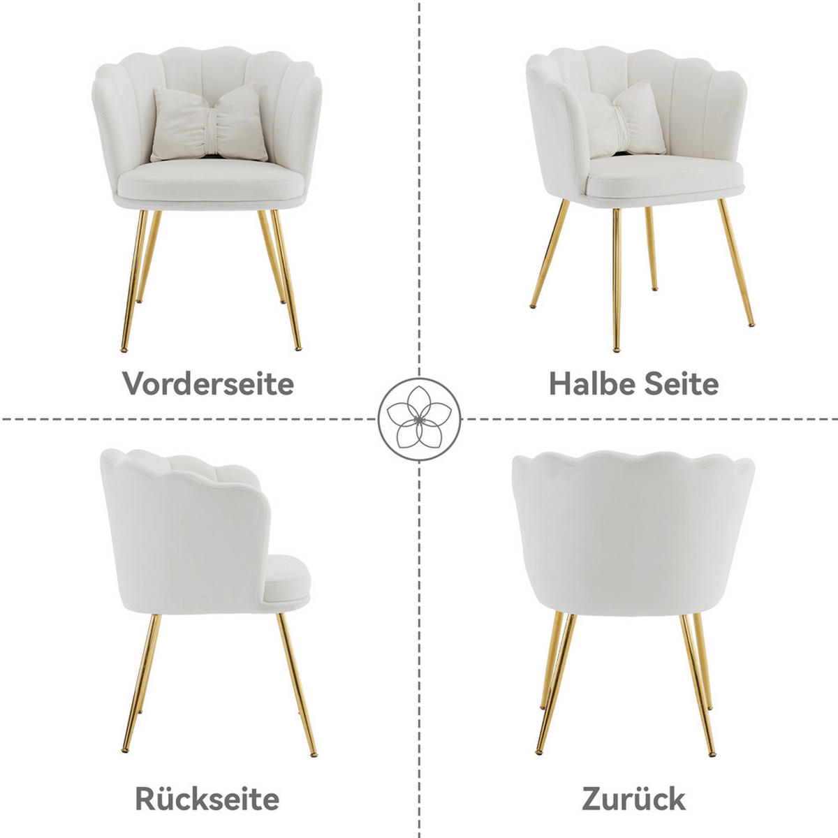 SESSEL Samt Blütenblatt-Rückenlehne Goldfüße & Kissen Beige - Beige, Holz (62/43/54cm) - FLIEKS