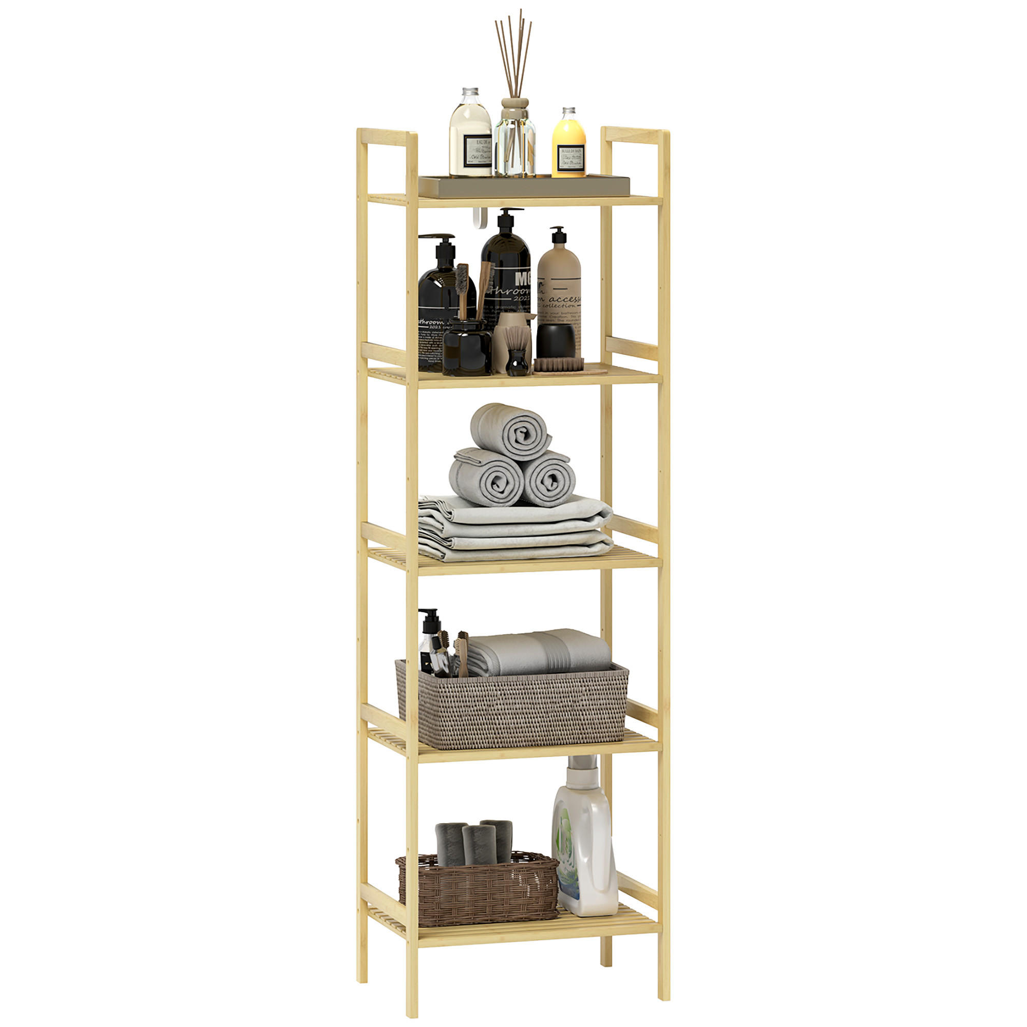 BADREGAL mit 5 Ebenen, 43,5 x 31,5 x 142 cm, Naturholz - Naturfarben, Naturmaterialien (43.5/142/31.5cm) - HOMCOM