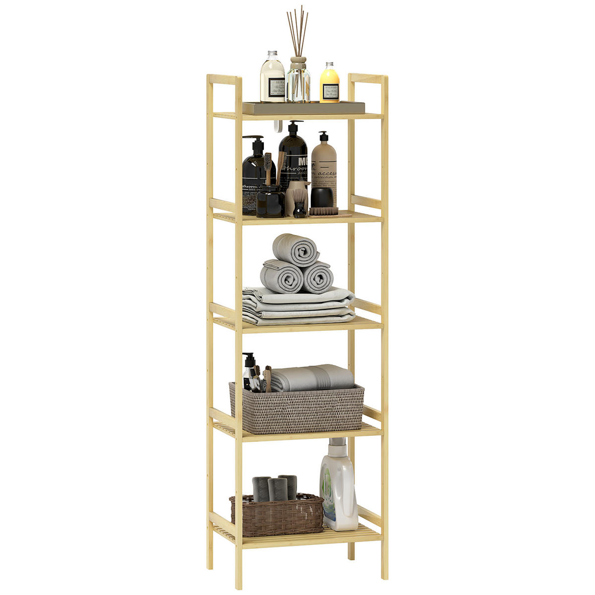 BADREGAL mit 5 Ebenen, 43,5 x 31,5 x 142 cm, Naturholz - Naturfarben, Naturmaterialien (43.5/142/31.5cm) - HOMCOM