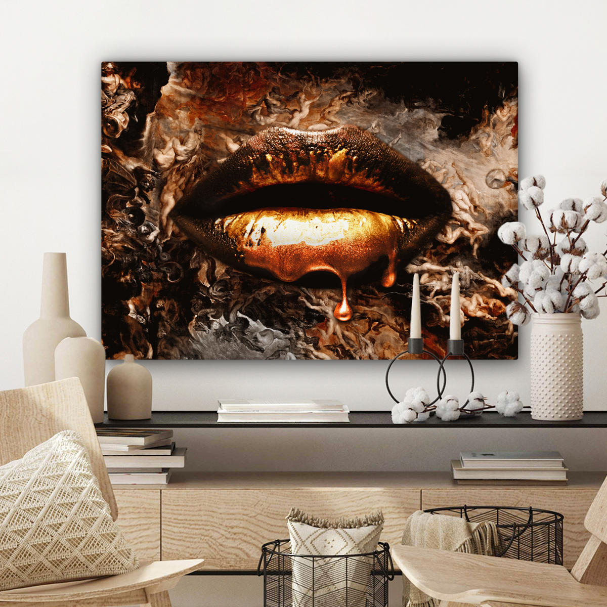 LEINWANDBILD Gold - Lippen - Kunst - Gold - Luxus - Abstrakt Wandbilder 80x60 cm - Kupferfarben, Textil (80/60cm) - MuchoWow